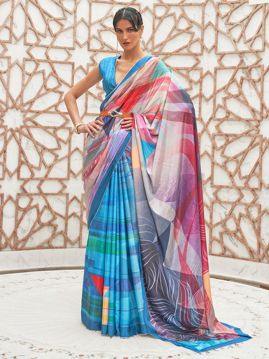 

Ishin Printed Satin Saree, Blue