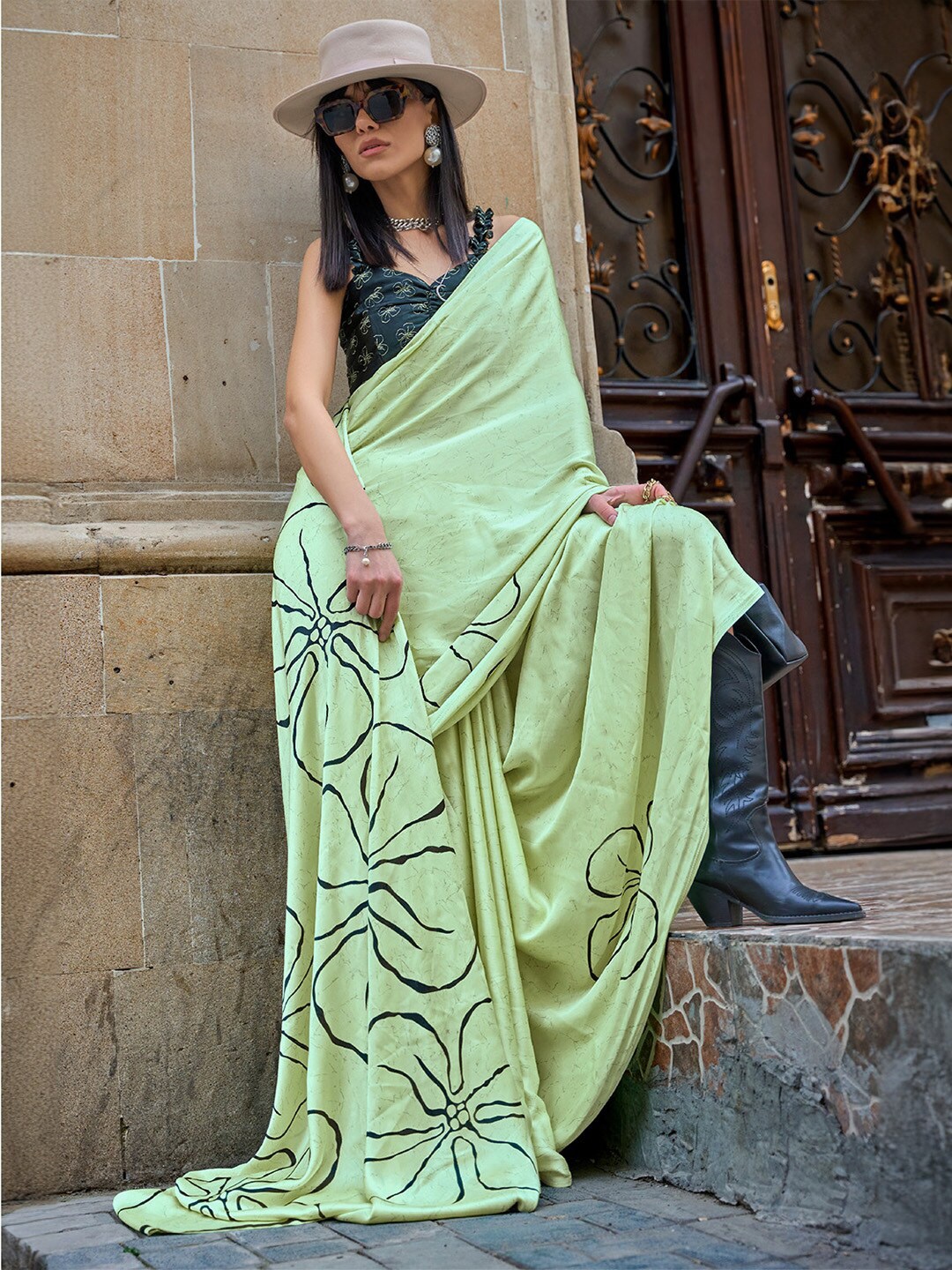 

Ishin Floral Satin Saree, Lime green