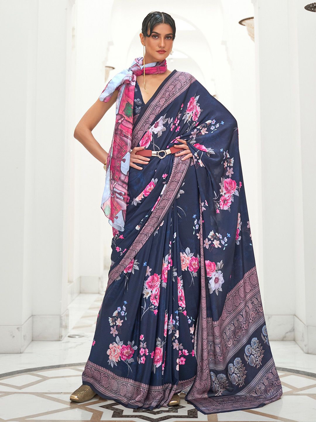 

Ishin Satin Floral Printed Saree, Blue