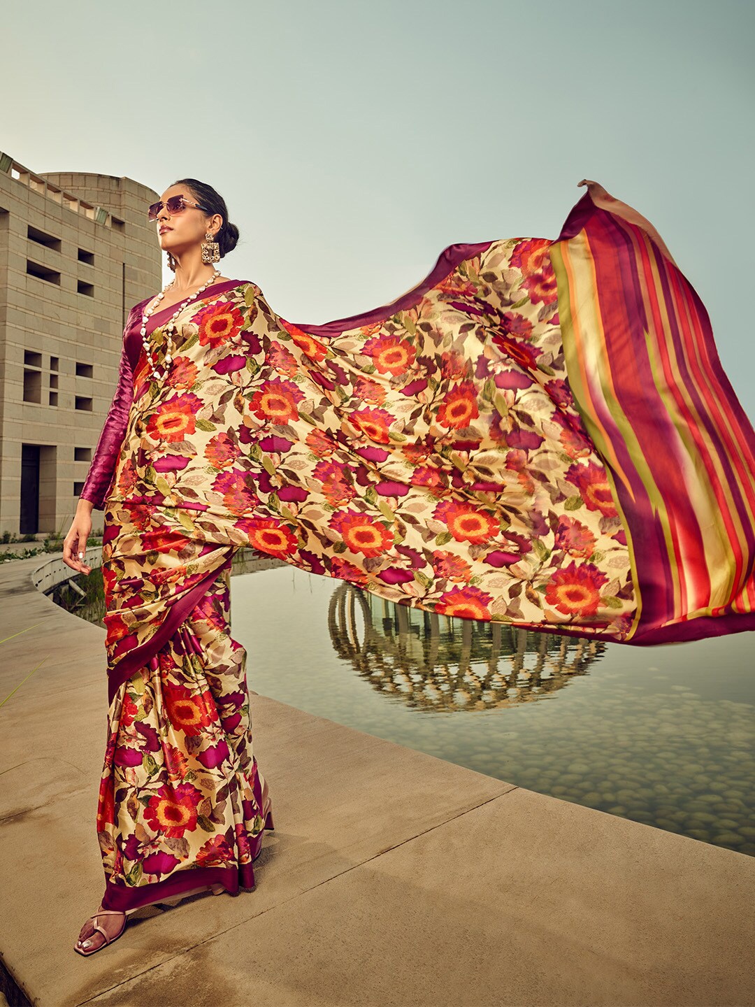

Ishin Floral Satin Saree With Blouse Piece, Orange