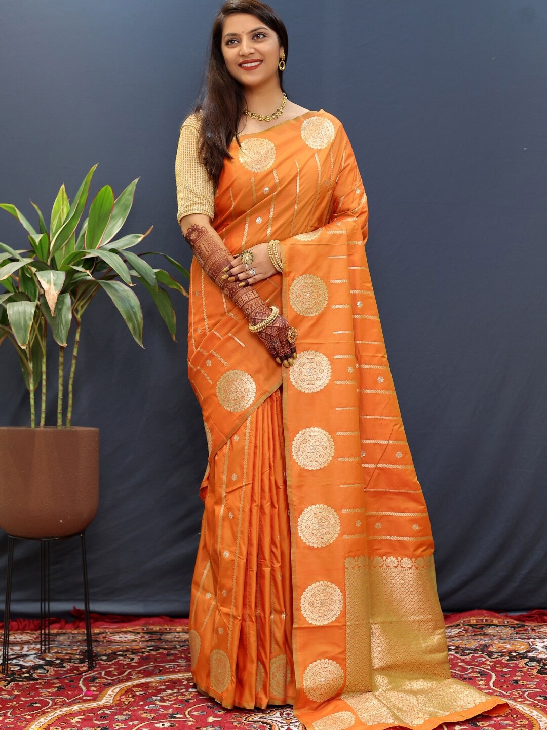 

SGF11 Woven Design Zari Art Silk Kanjeevaram Saree, Orange