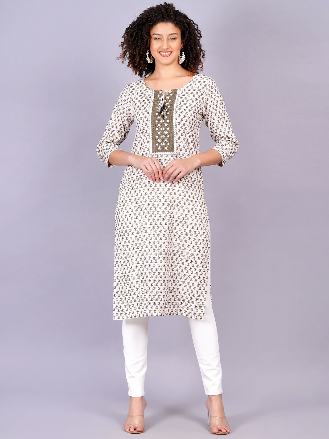 

JC4U Women Floral Printed Thread Work Kurta, Beige