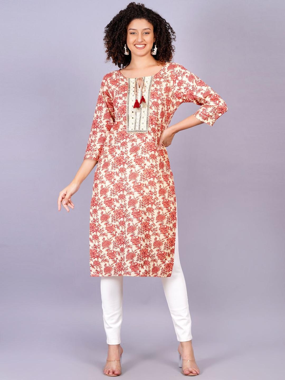 

JC4U Women Floral Printed Keyhole Neck Kurta, Peach