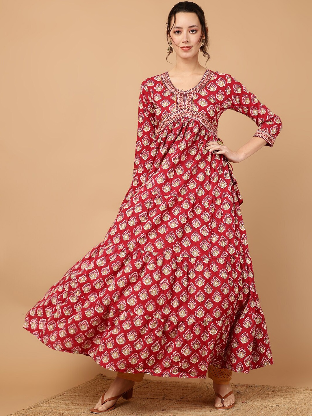 WOMENCLICK Women Ethnic Motifs Mirror Work Floral Anarkali Kurta, Maroon