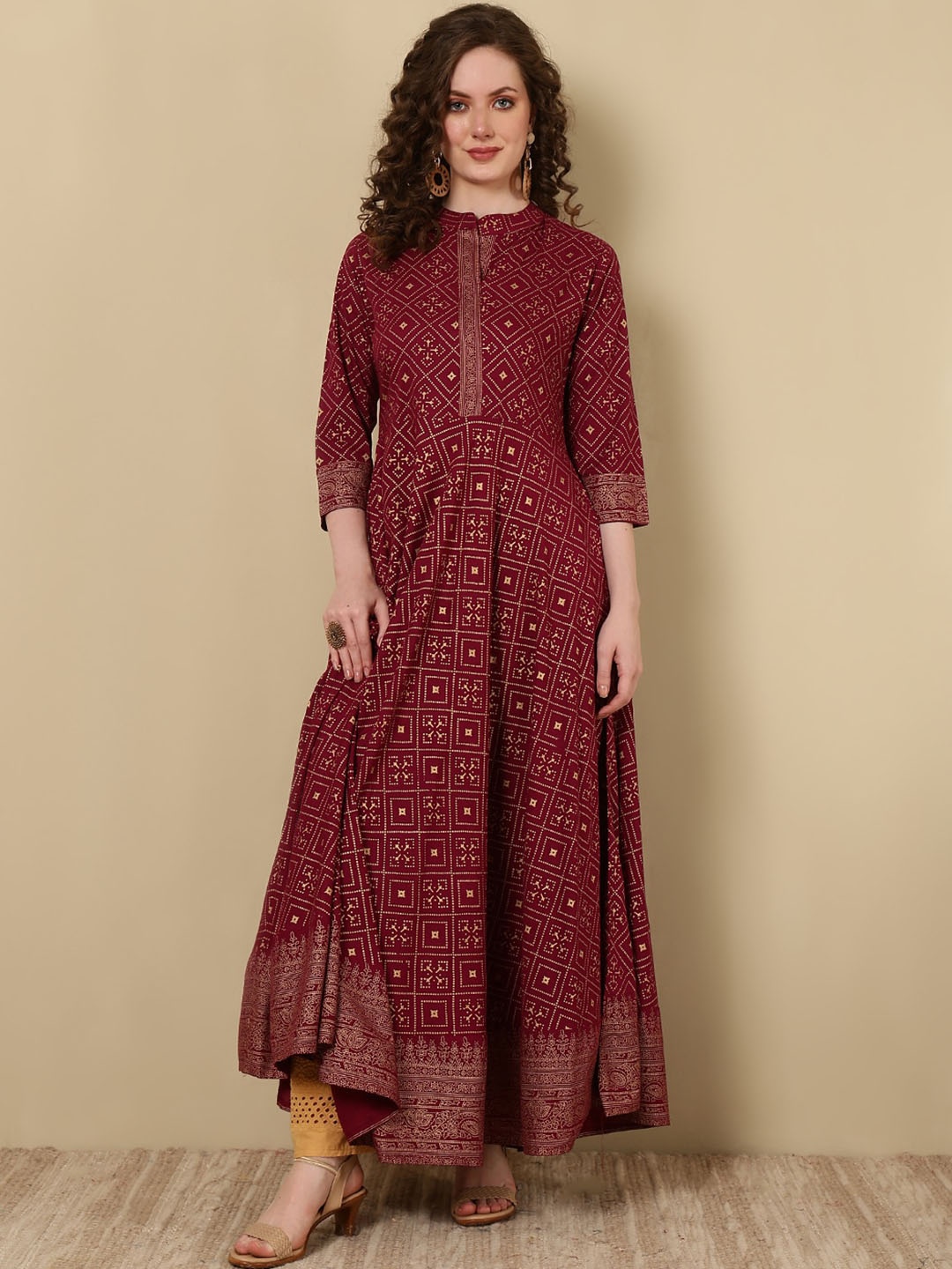 

WOMENCLICK Women Ethnic Motifs Printed Flared Sleeves Mirror Work Floral Anarkali Kurta, Burgundy