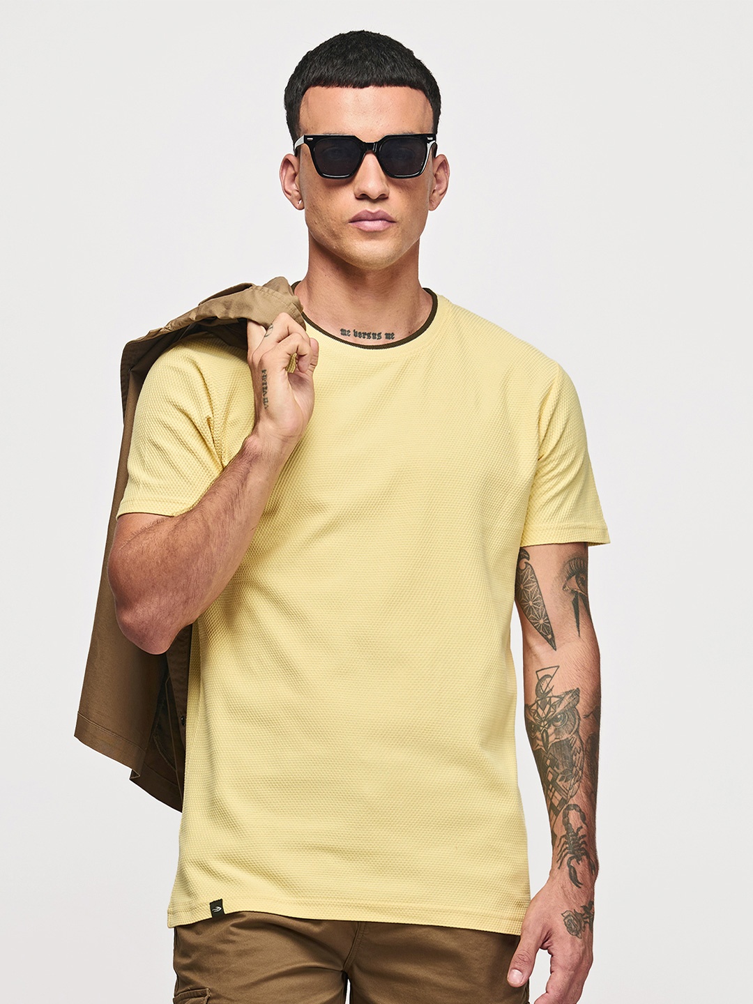

Red Flame Men's Pure Cotton Regular Fit Round Neck Short Sleeves Casual Tshirts, Yellow