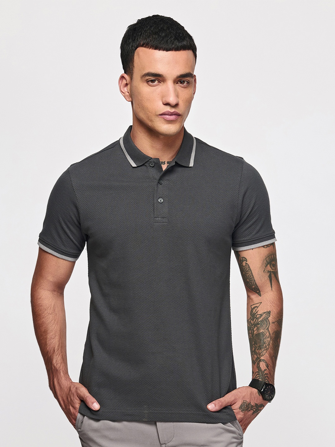 

Red Flame Men Polo Collar T-shirt, Grey