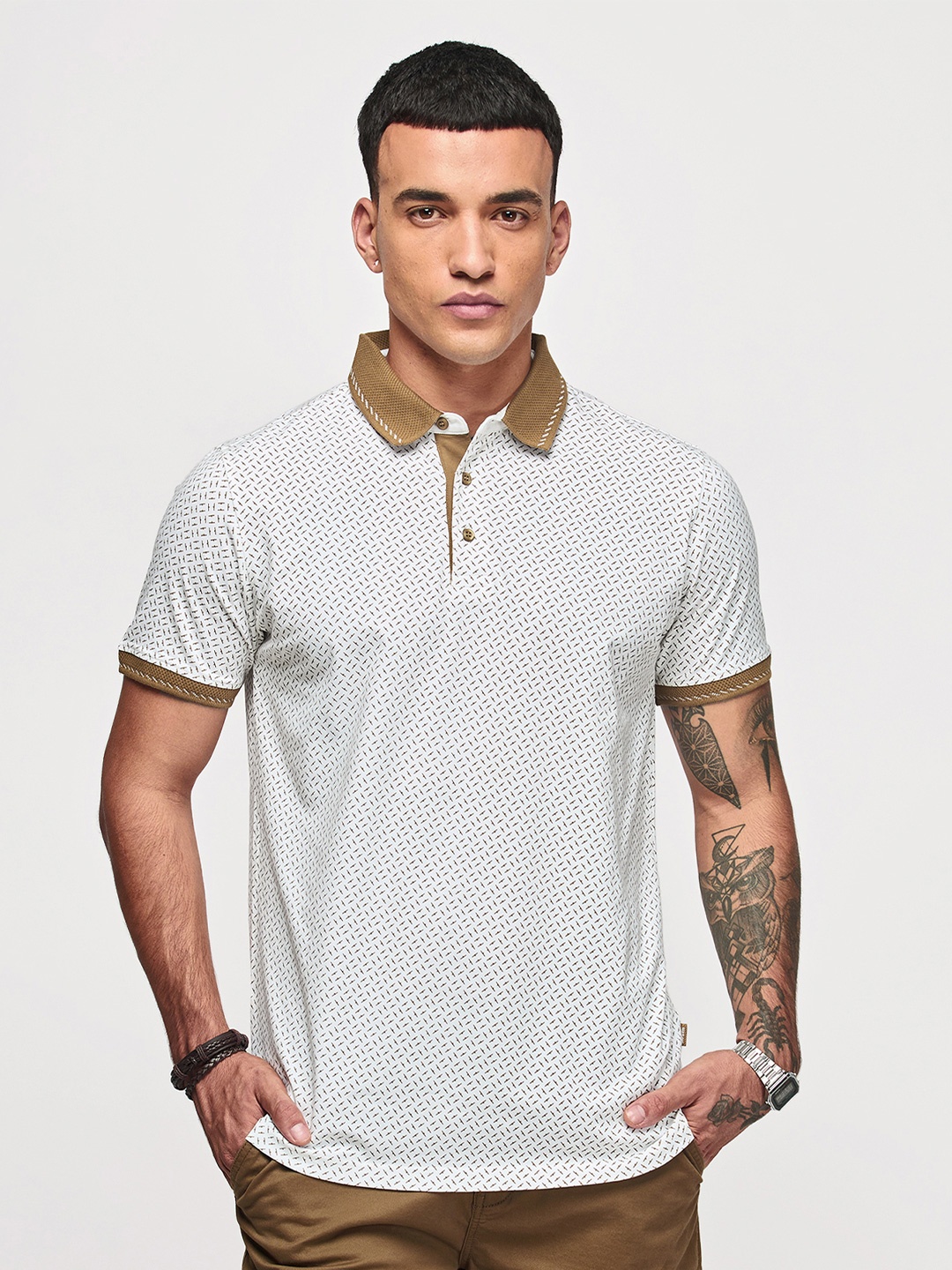 

Red Flame Polo Collar Geometric Printed Cotton T-shirt, Khaki