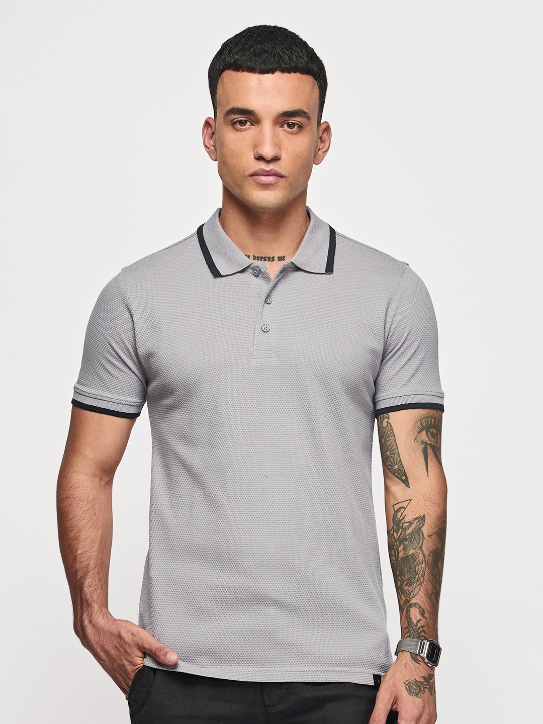 

Red Flame Polo Collar Short Sleeves Pure Cotton T-shirt, Grey