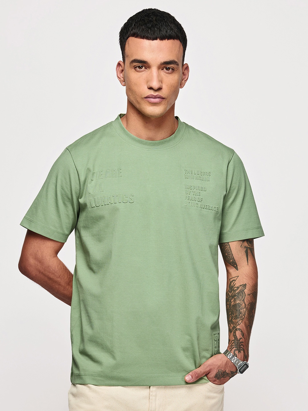 

Red Flame Typography Self Design Short Sleeves Relaxed T-shirt, Green