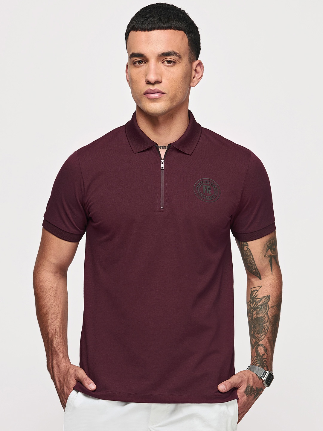 

Red Flame Men's Regular Fit Zipper Polo Neck Short Sleeves Casual Tshirts, Maroon