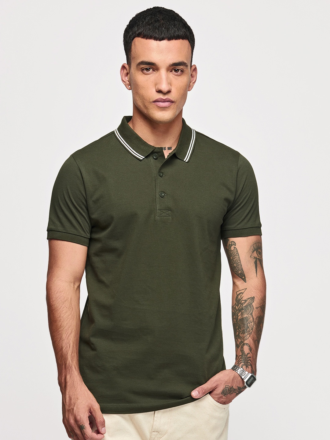 

Red Flame Polo Collar Pure Cotton T-shirt, Green