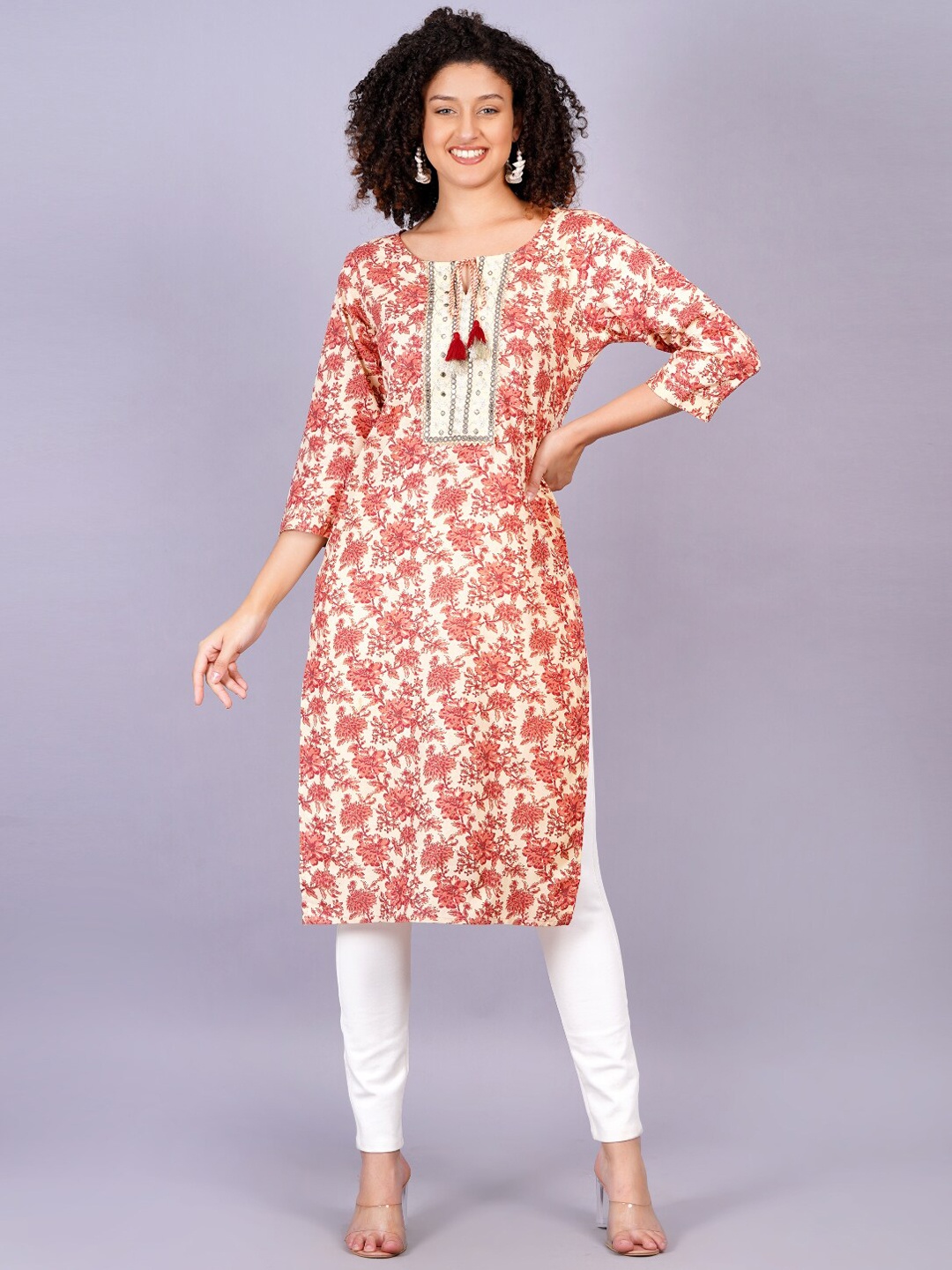 

HIGHLIGHT FASHION EXPORT Women Floral Striped Flared Sleeves Kurta, Peach