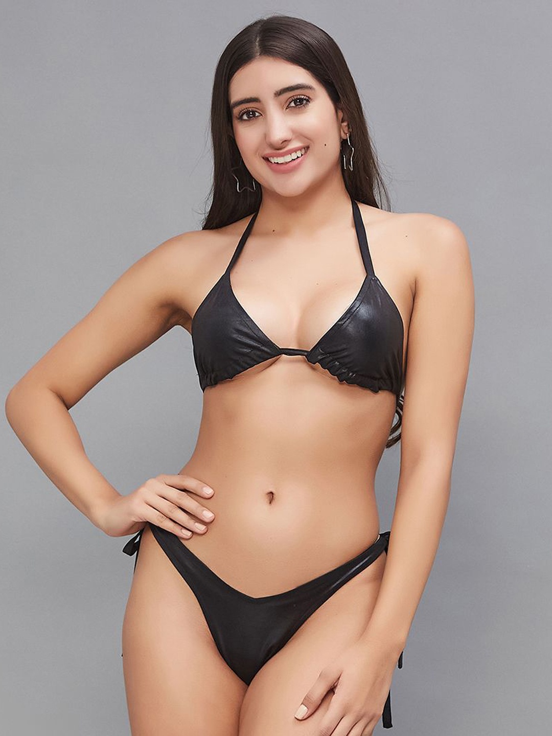 

SECRETS BY ZEROKAATA Women Metallic Beachwear Swim Bikini Set, Black