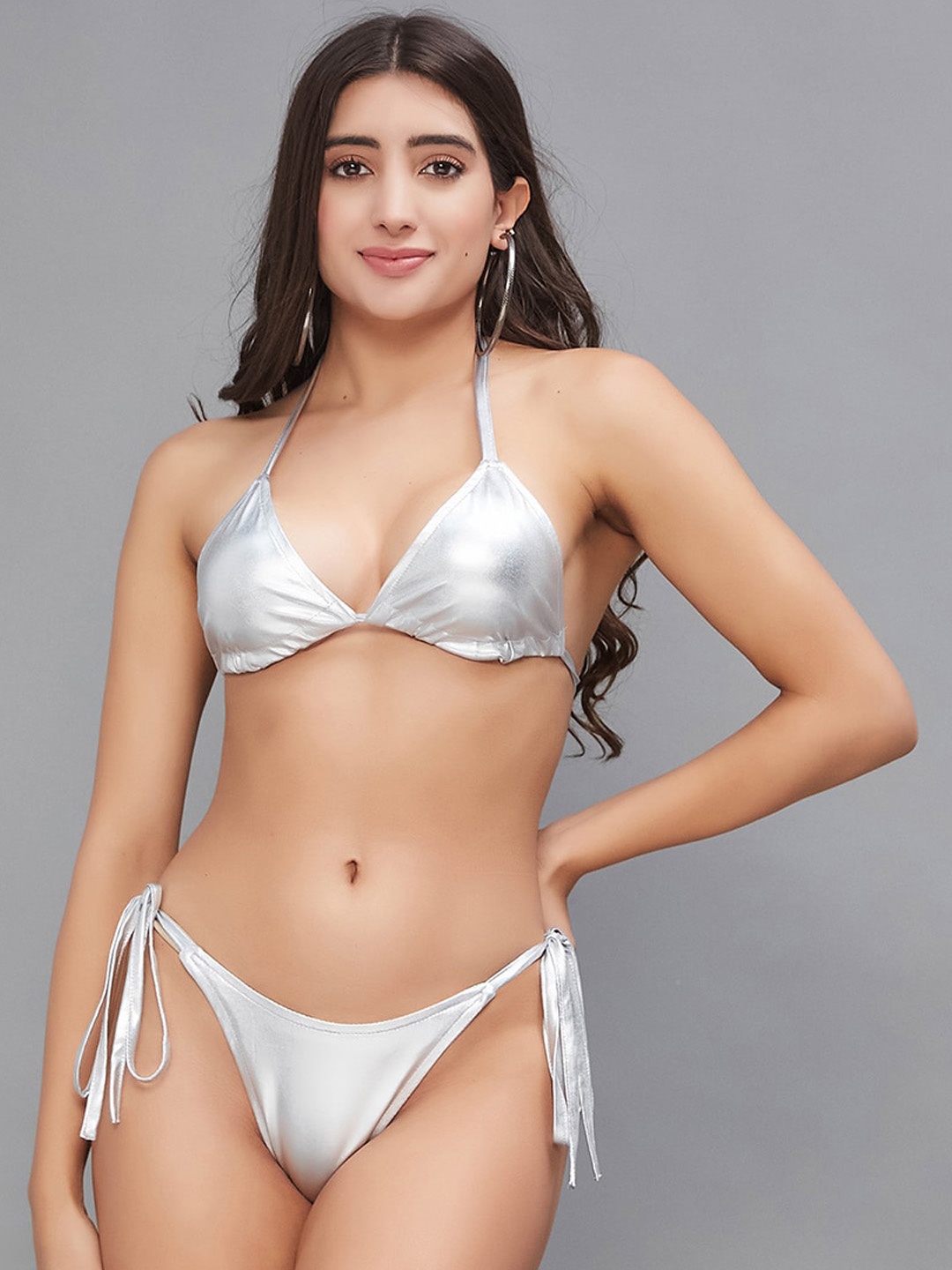 

SECRETS BY ZEROKAATA Women Solid Metallic Beachwear Swim Bikini Set, Silver