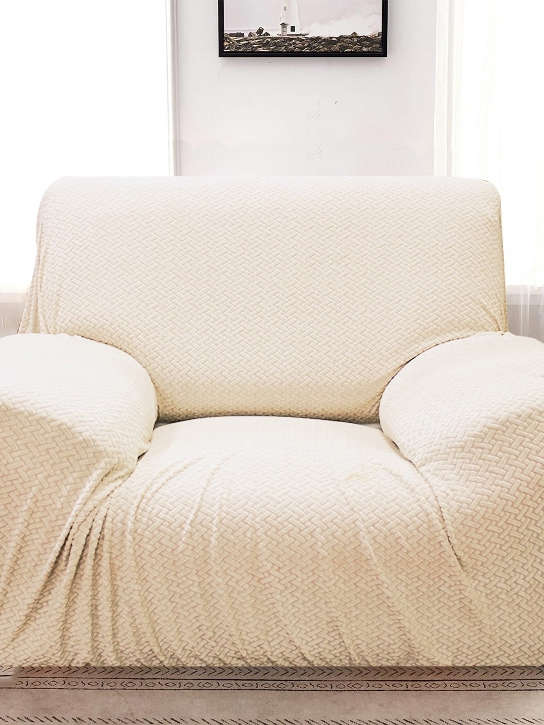 

B BESTILO Cream-Coloured Polyester 1 Piece Sofa Cover With Arms
