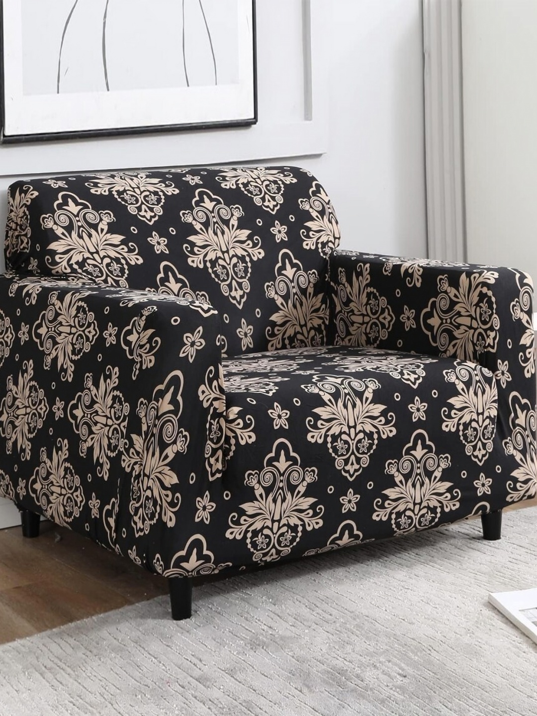 

B BESTILO Black & Brown Printed Polyester 1 Piece Sofa Cover With Arms