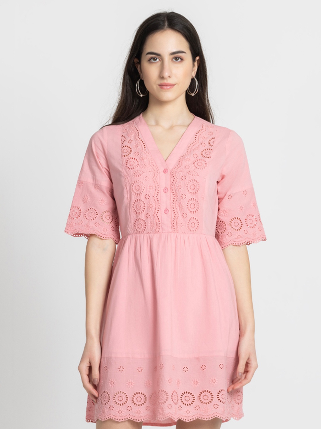 

SHAYE V Neck Floral Embroidered Cotton Fit & Flare Dress, Pink