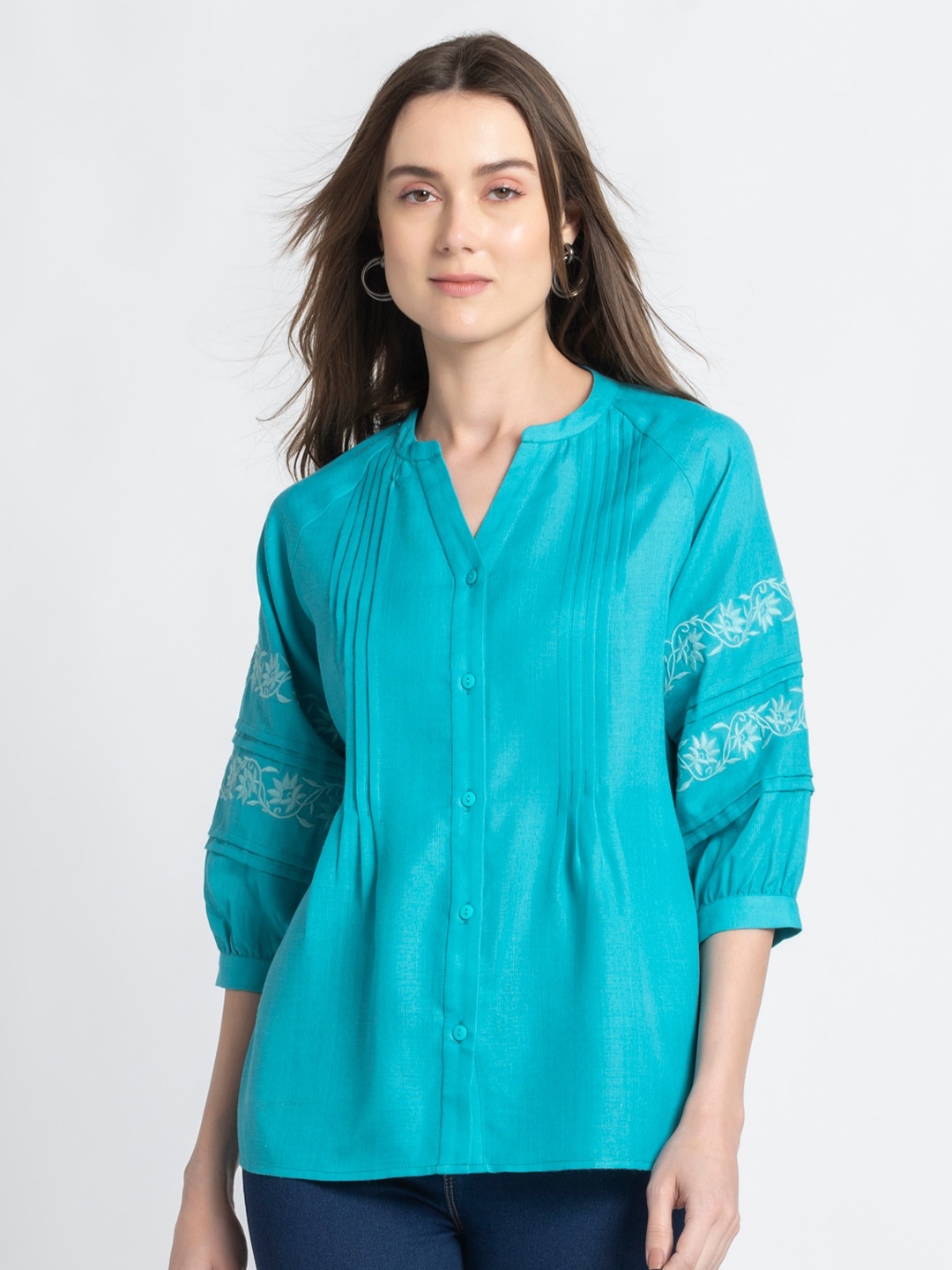 

SHAYE Women Mandarin Collar Shirt Style Top, Turquoise blue