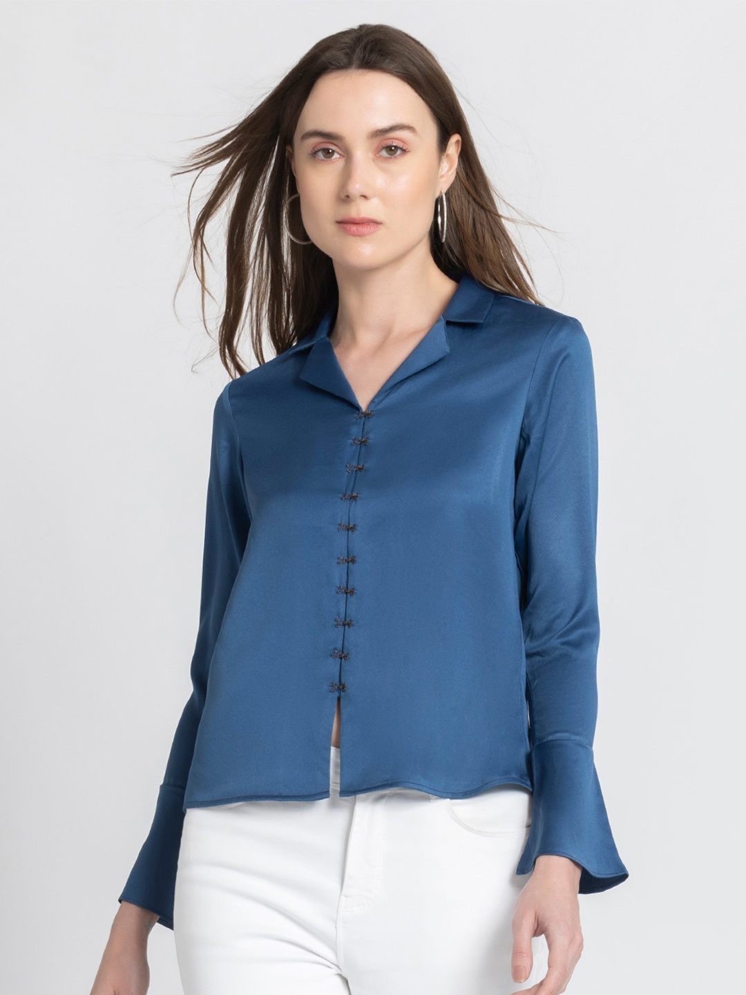 

SHAYE Bell Sleeve Satin Shirt Style Top, Blue