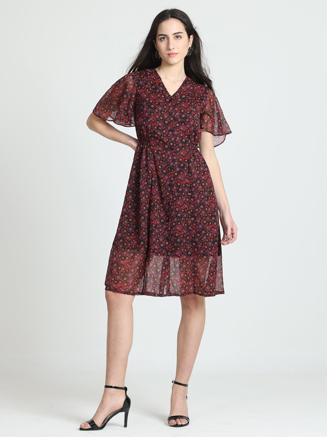 

SHAYE Women Floral Print Flared Sleeve Chiffon Fit & Flare Dress, Black