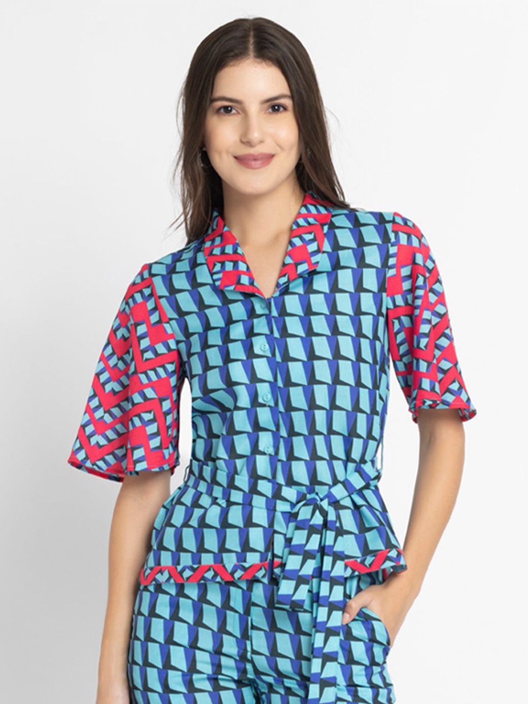 

SHAYE Women Geometric Printed Short Sleeves Shirt Style Top, Blue