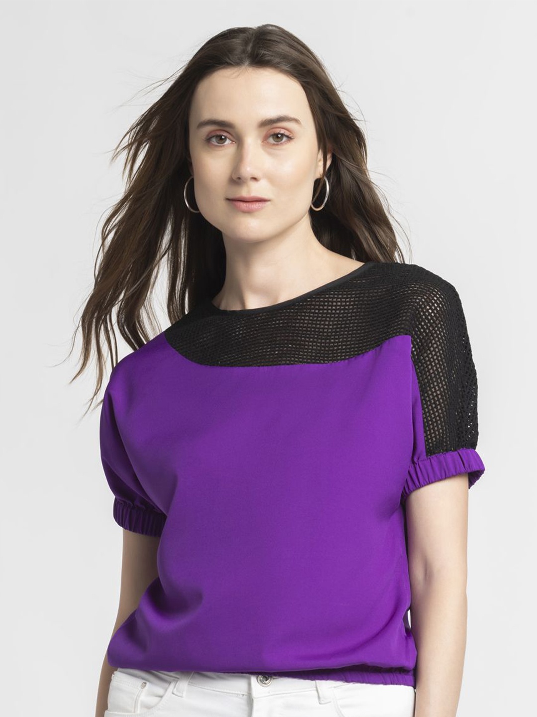 

SHAYE Colourblocked Extended Sleeves Crepe Top, Purple