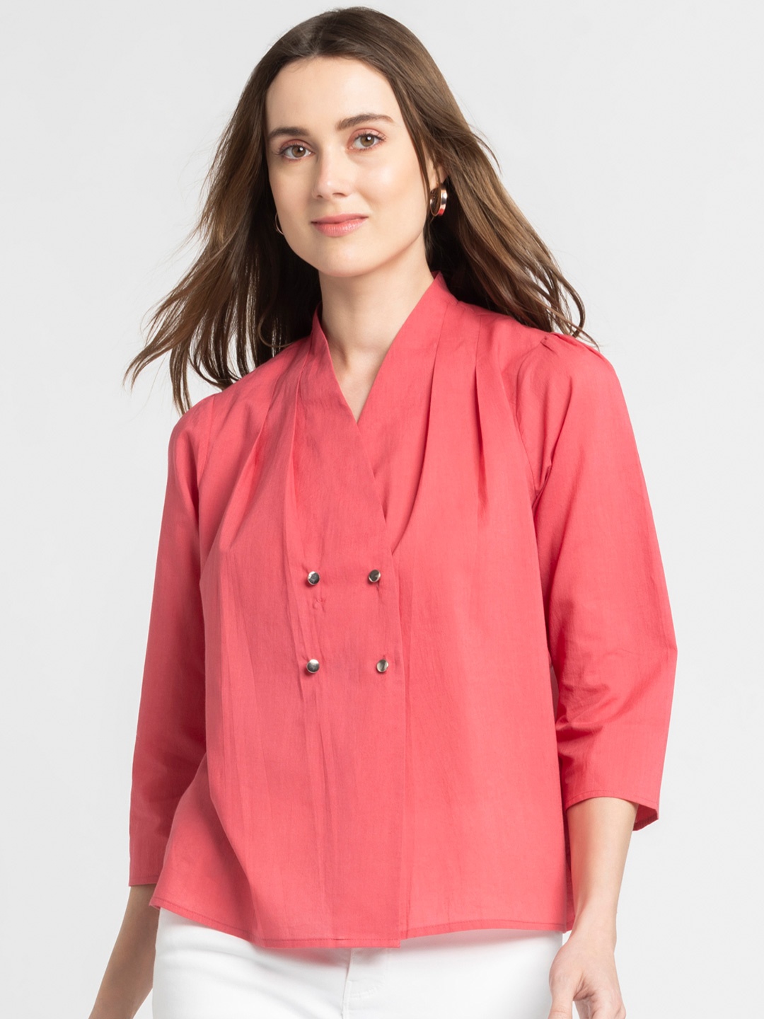 

SHAYE V-Neck Gathered Pure Cotton Shirt Style Top, Coral