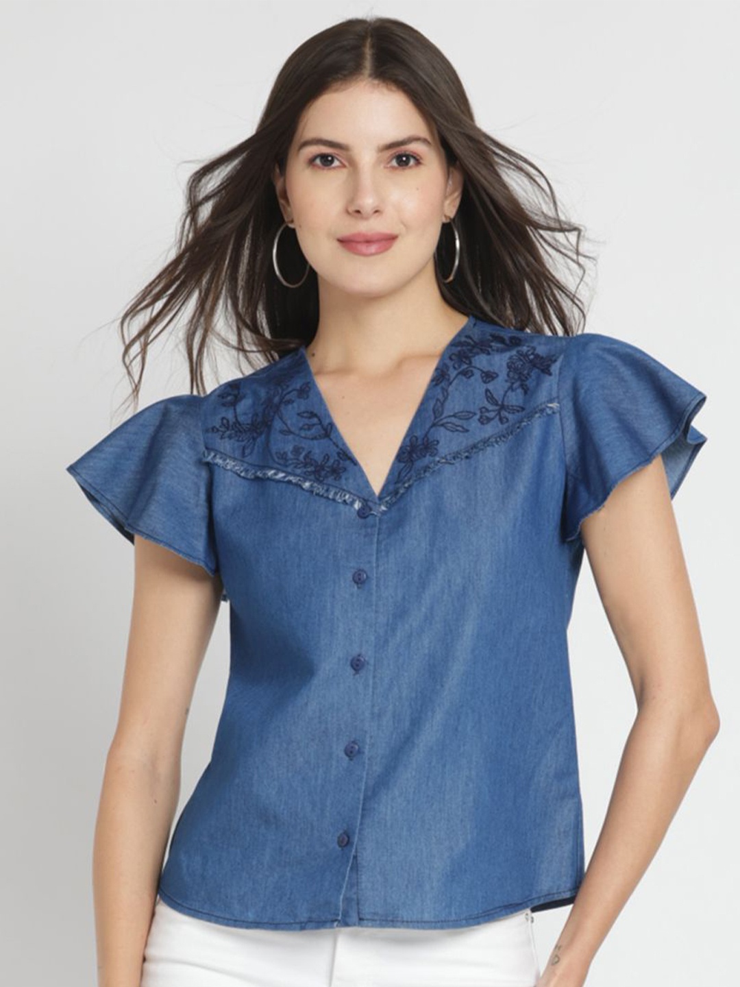 

SHAYE Women Flutter Sleeve Denim Shirt Style Top, Blue