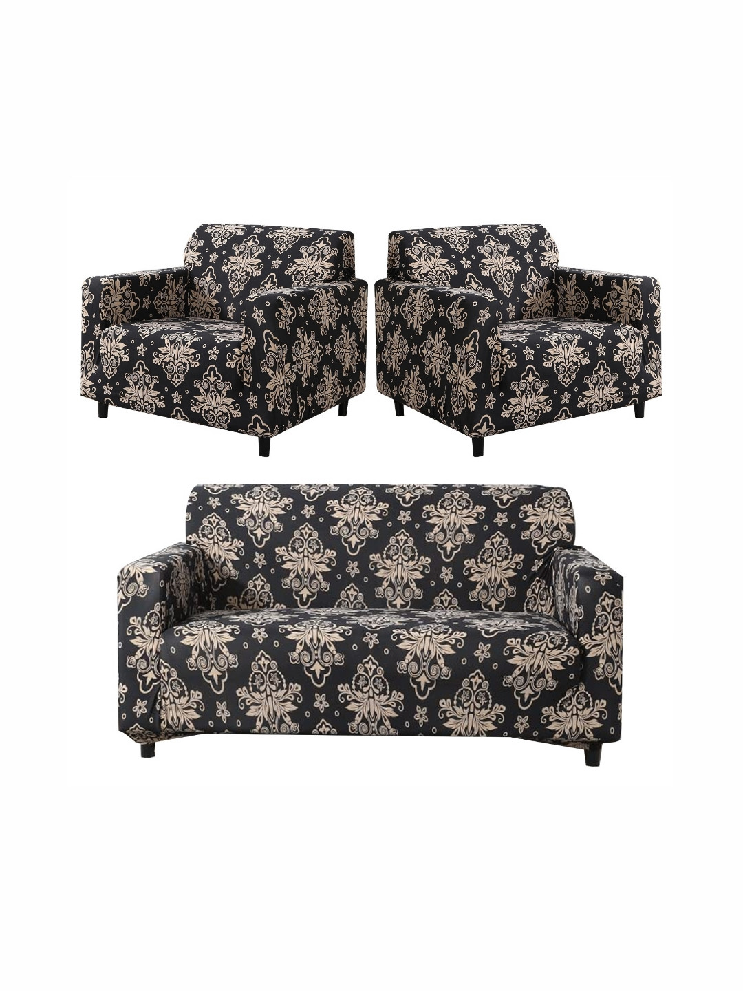 

B BESTILO Black & Cream-Coloured Printed Polyester 3 Piece Sofa Cover With Arms