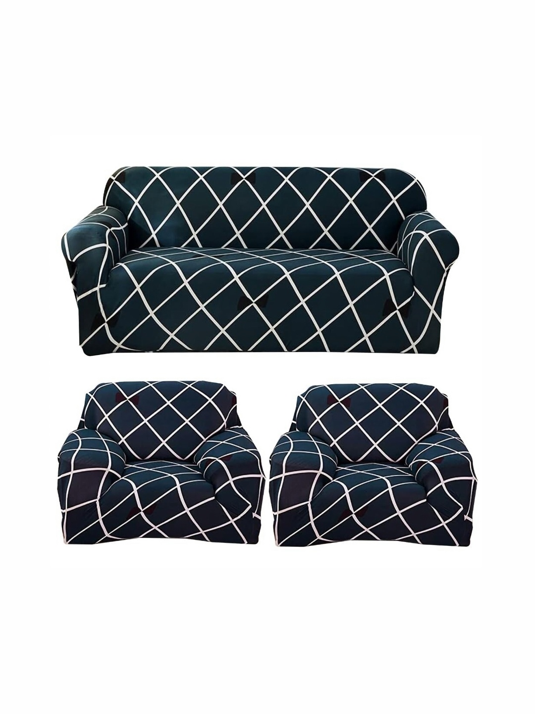 

B BESTILO Blue & White Printed Polyester 3 Piece Sofa Cover With Arms