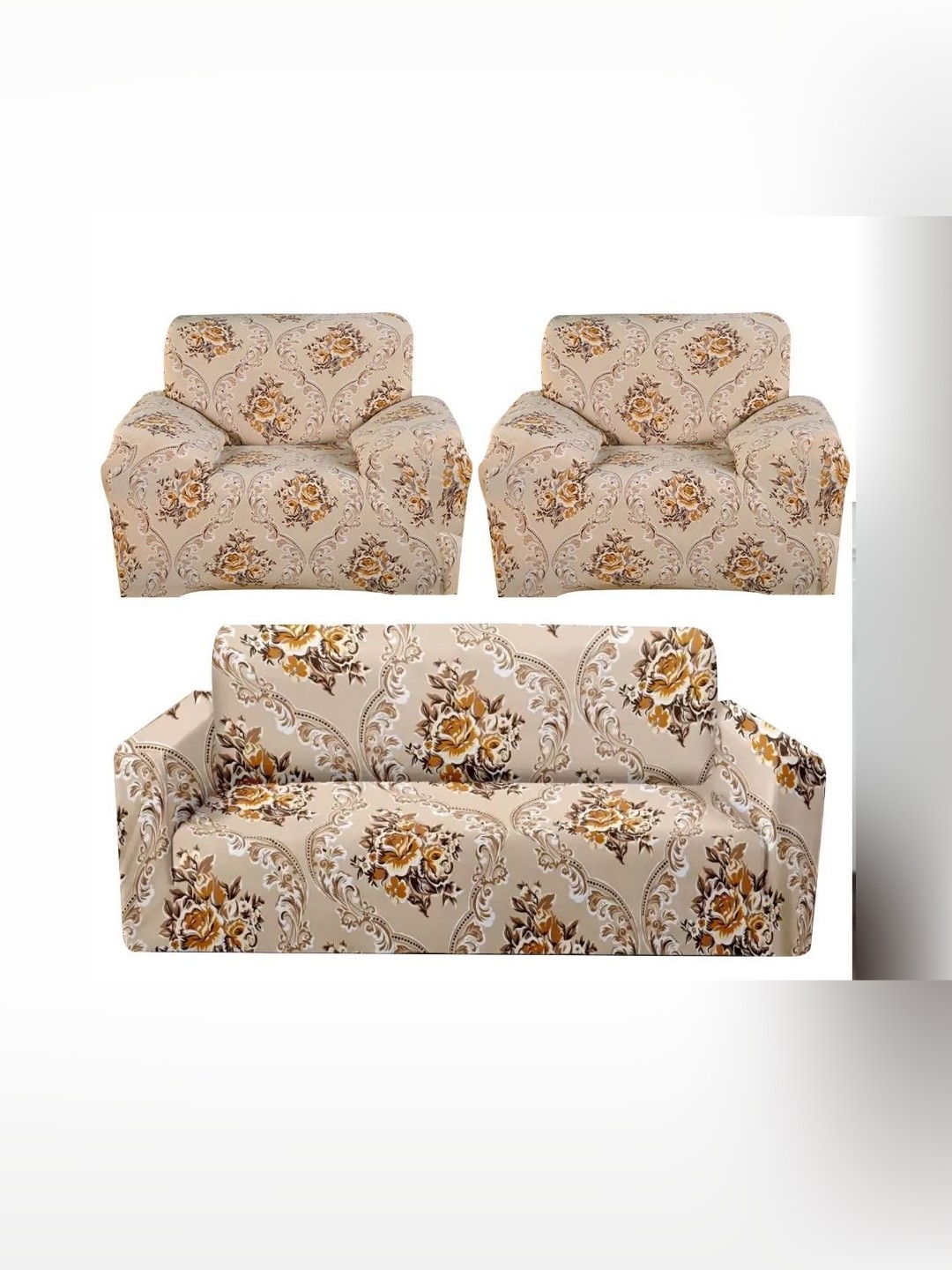 

B BESTILO Beige & Orange Printed Polyester 3 Piece Sofa Cover With Arms