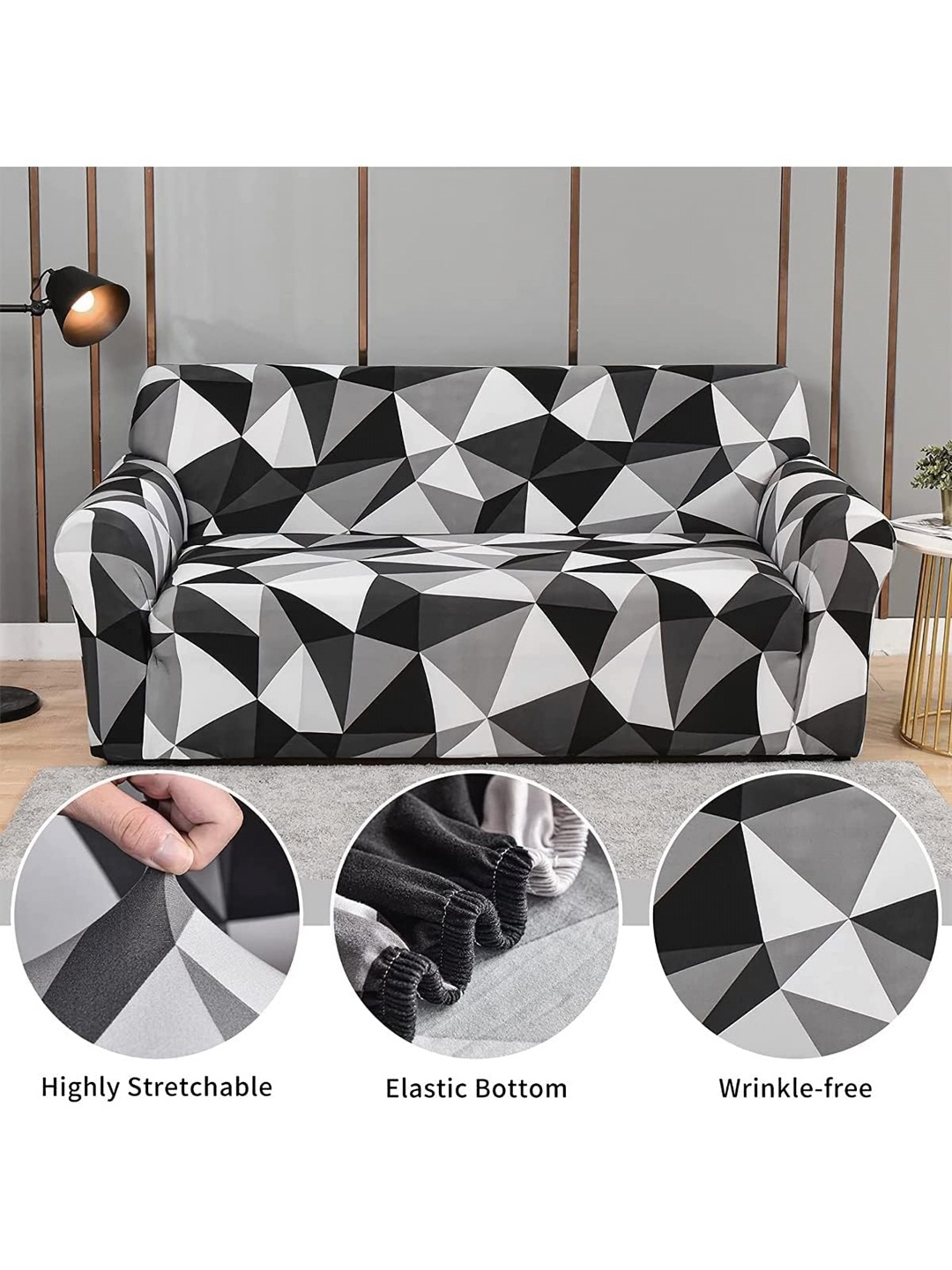 

B BESTILO Black & White Printed Polyester 1 Piece Sofa Cover With Arms