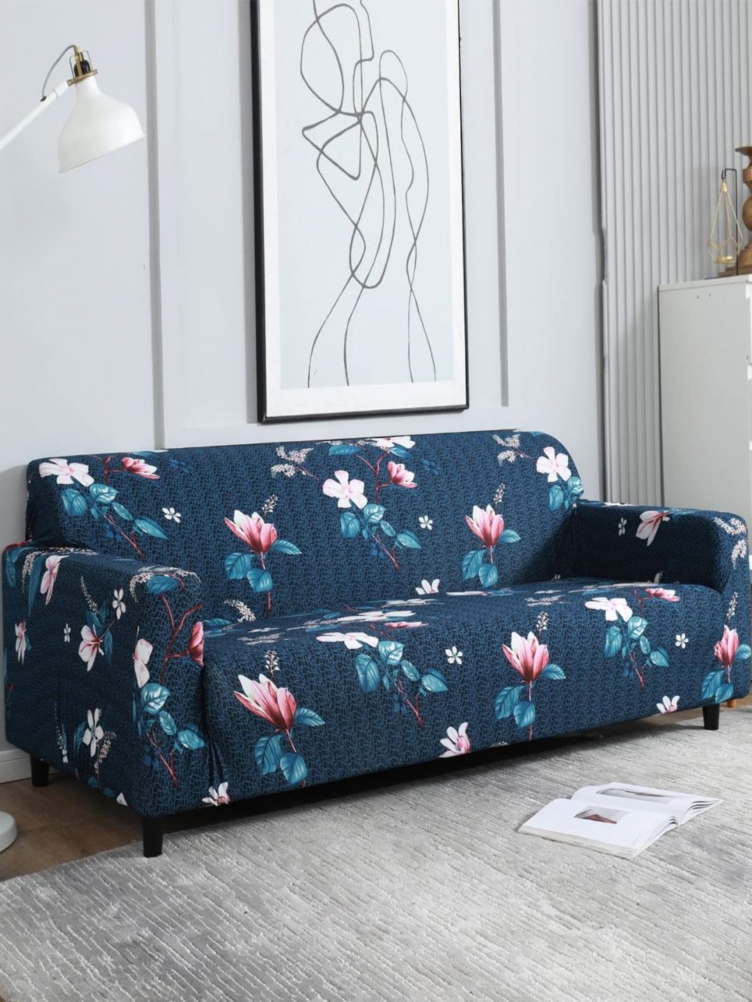 

B BESTILO Blue & Pink Polyester 1 Piece Sofa Cover With Arms