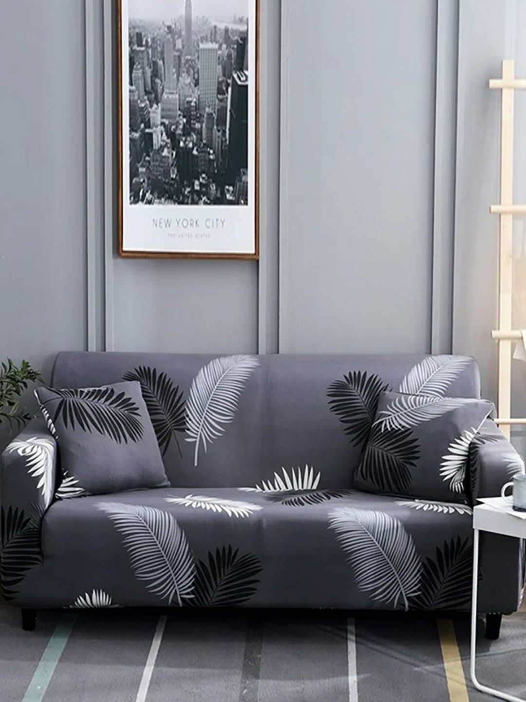 

B BESTILO Grey & White Printed Polyester 1 Piece Sofa Cover With Arms