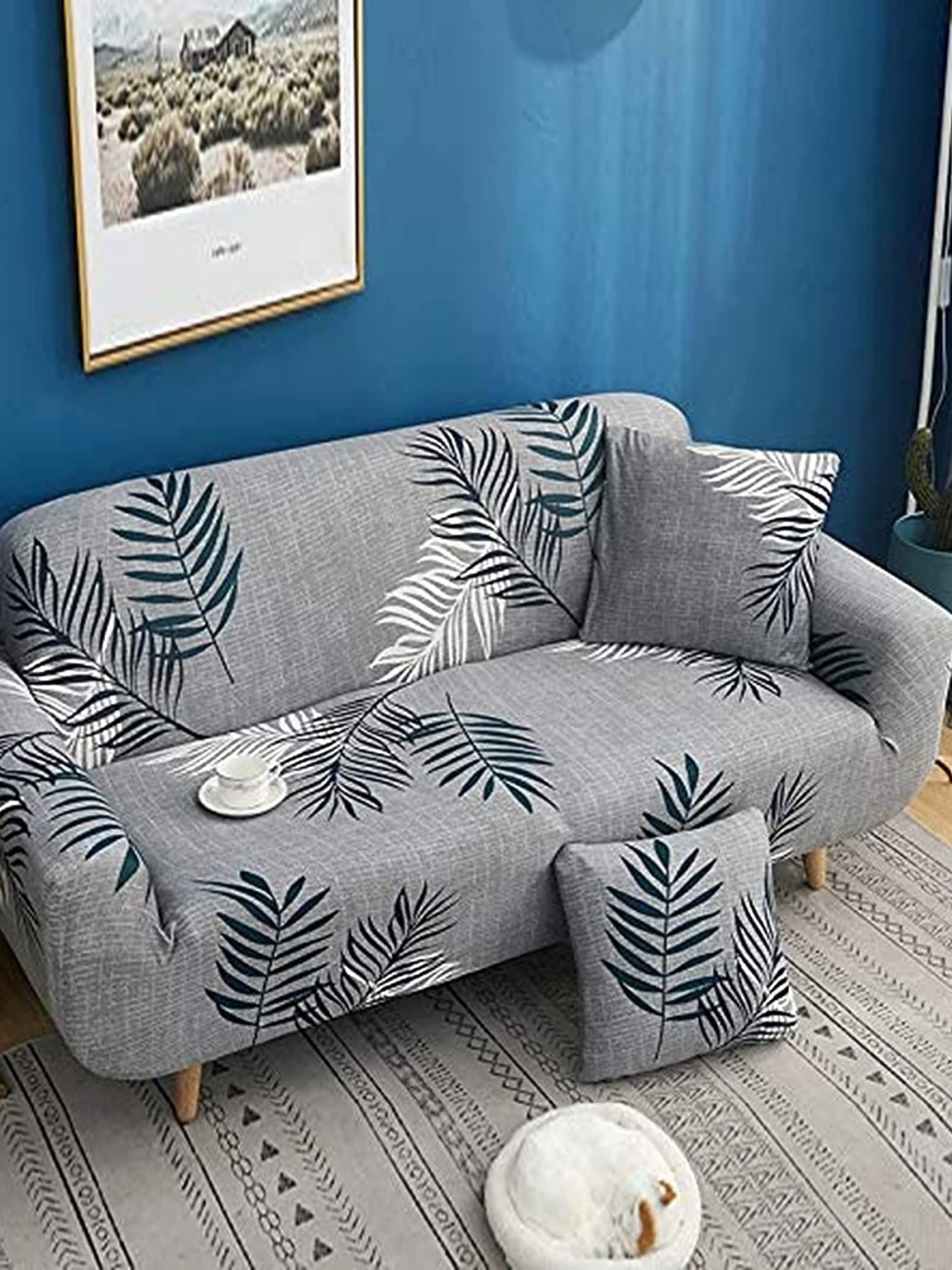 

B BESTILO Grey & White Printed Polyester 1 Piece Sofa Cover With Arms