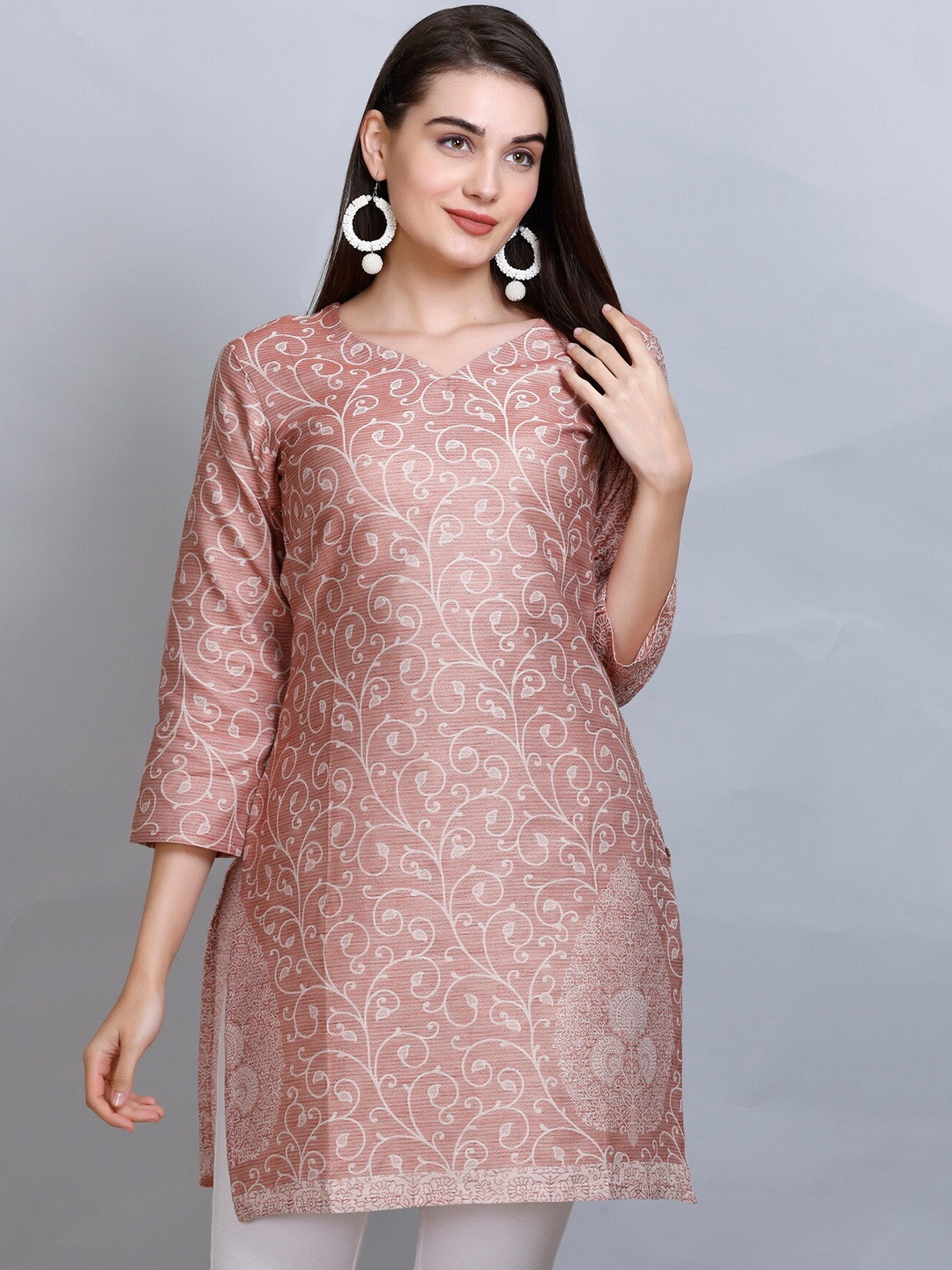 

KIDAR Ethnic Motifs Printed V-Neck Jacquard Cotton Silk Straight Kurti, Brown