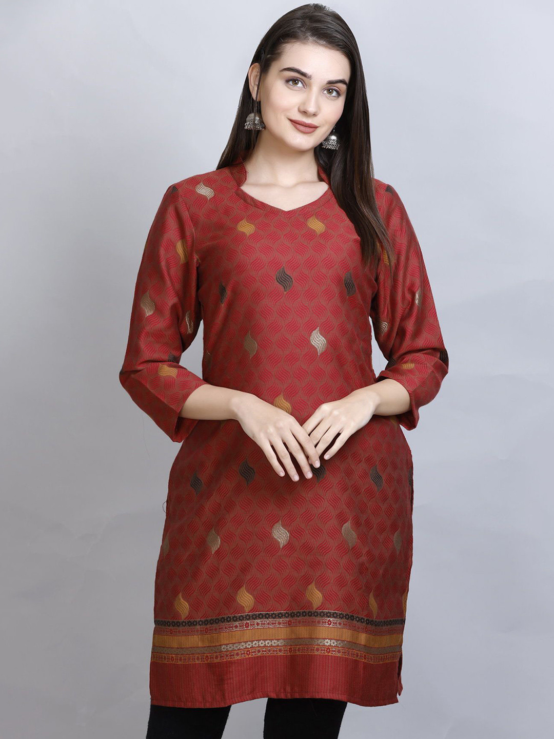 

KIDAR Ethnic Motifs Woven Design V-Neck Jacquard Kurti, Maroon