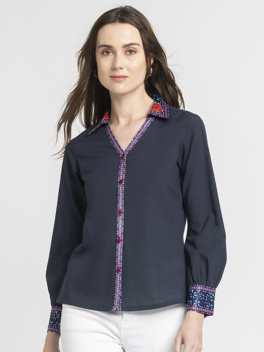 

SHAYE Women Smart Slim Fit Opaque Casual Shirt, Navy blue