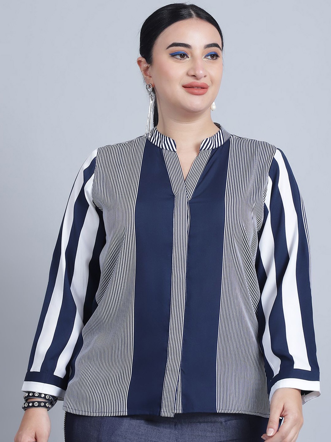 

Baawri Striped Mandarin Collar Shirt Style Top, Blue