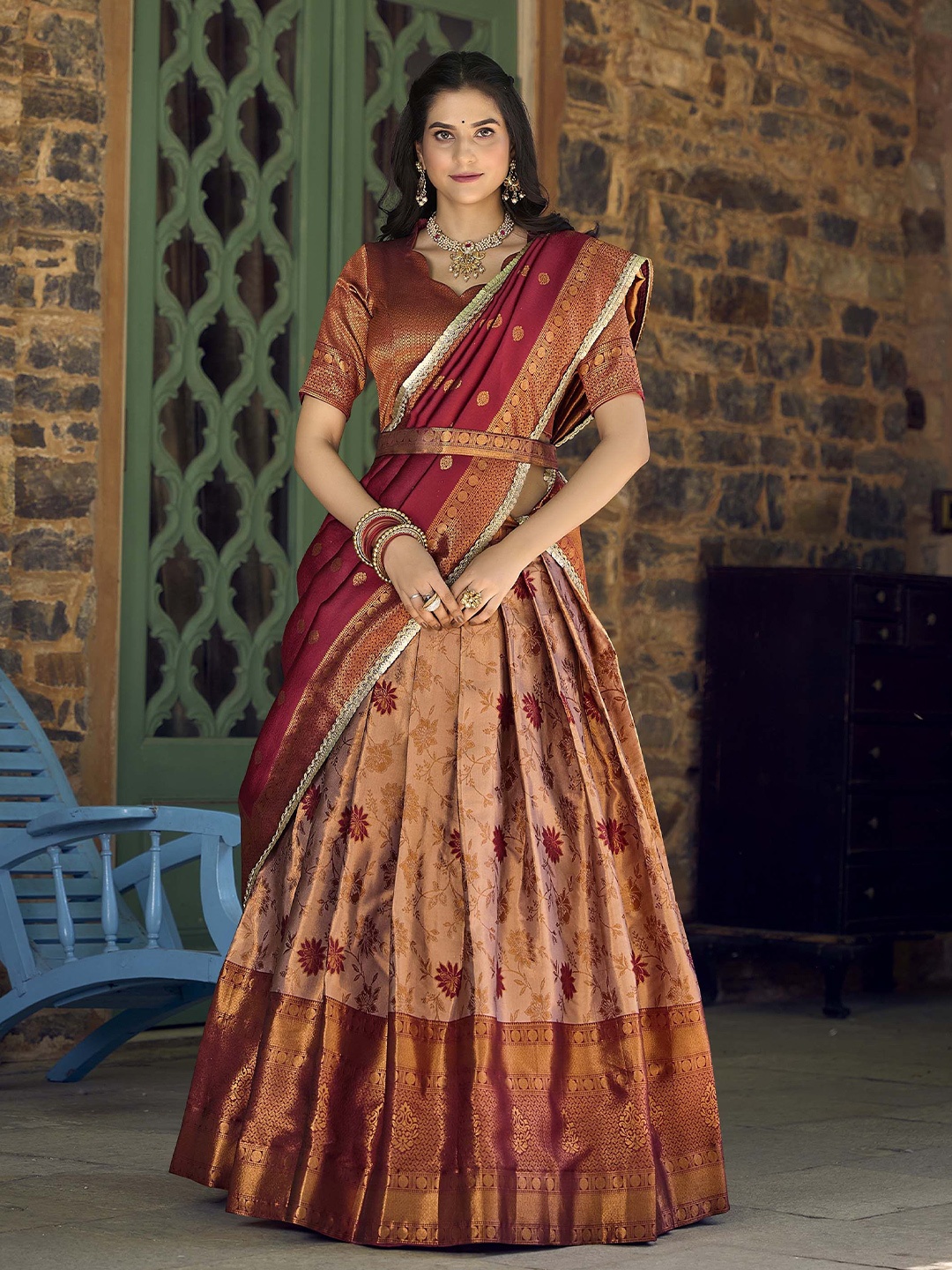 

LOOKNBOOK ART Semi-Stitched Lehenga & Unstitched Blouse With Dupatta, Brown