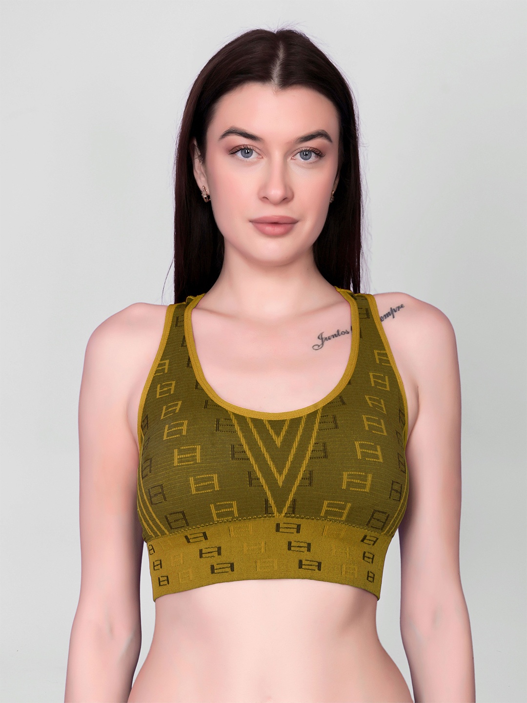

Flenzy Geometric Printed Full Coverage Workout Bra With All Day Comfort, Yellow