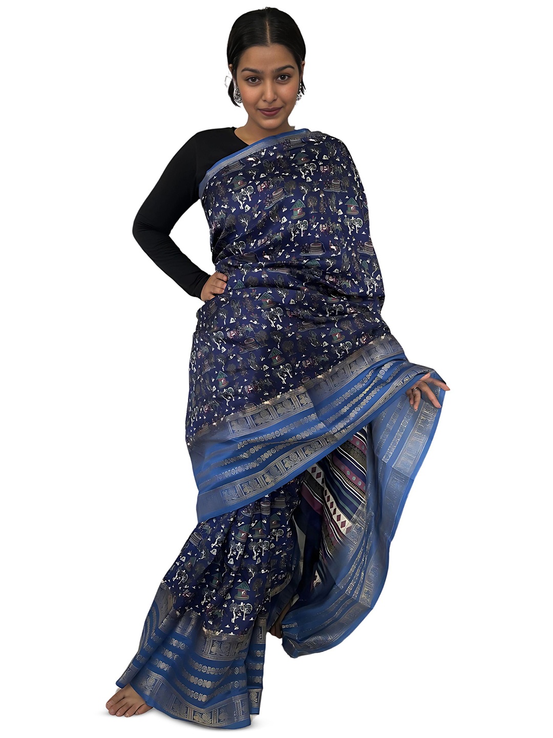 

SANJANA SILK Warli Zari Chanderi Saree, Navy blue