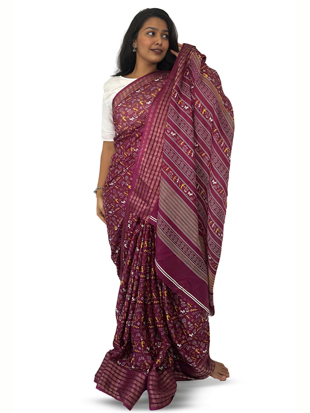 

SANJANA SILK Warli Zari Chanderi Saree, Purple