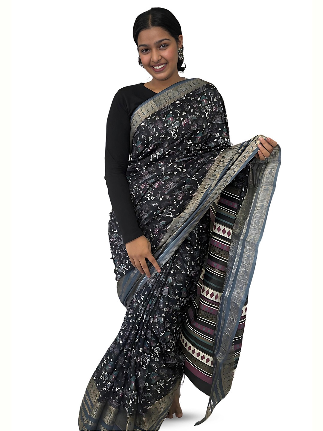 

SANJANA SILK Floral Zari Chanderi Saree, Black