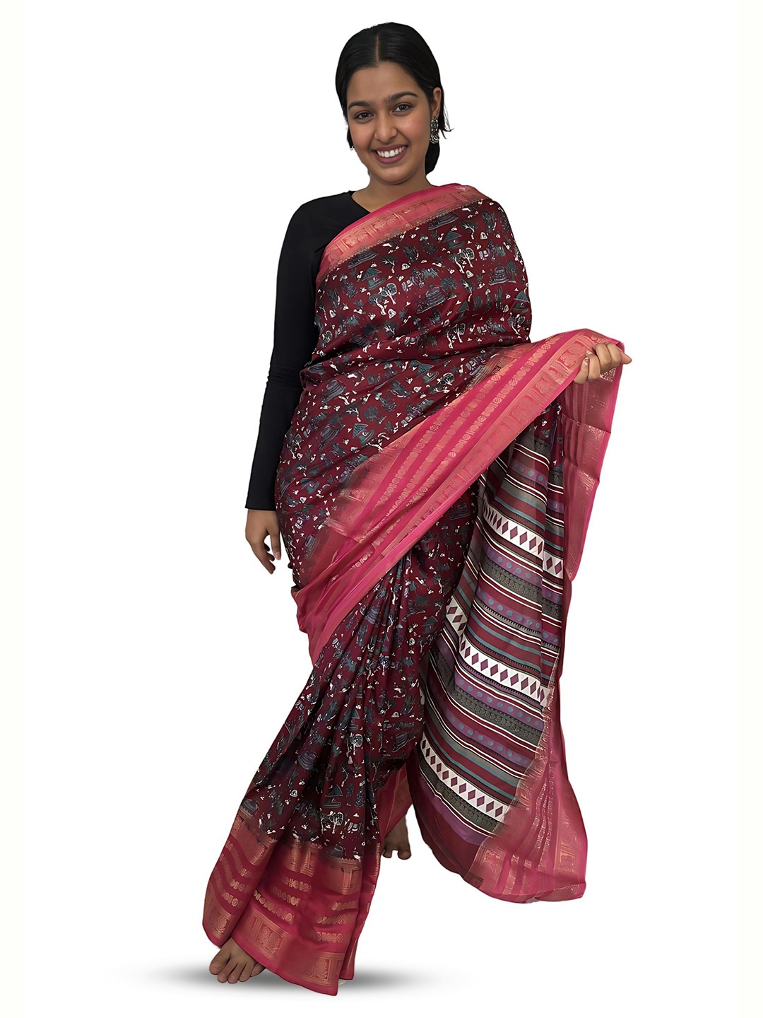 

SANJANA SILK Floral Zari Chanderi Saree, Maroon