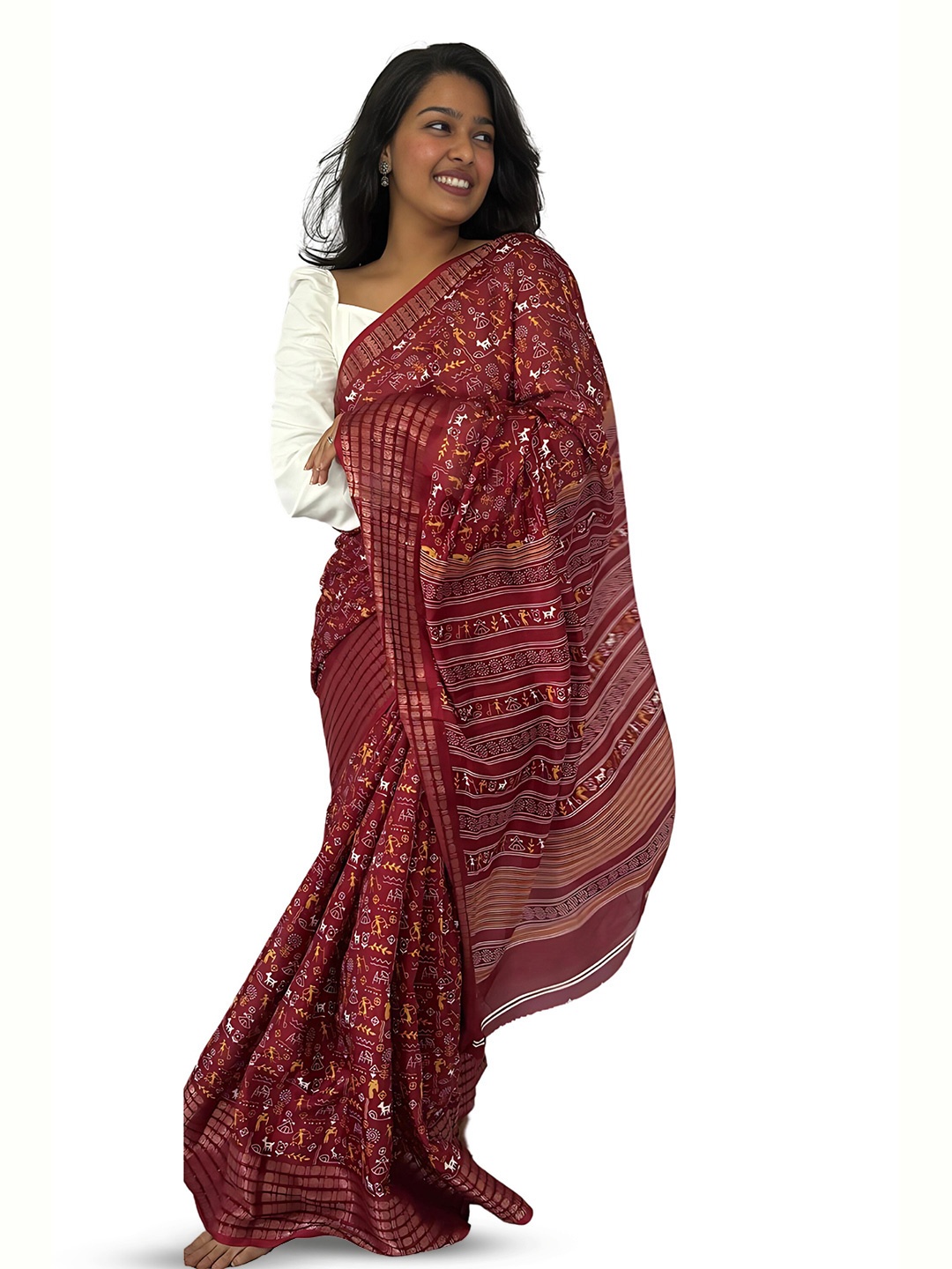 

SANJANA SILK Warli Zari Chanderi Saree, Maroon