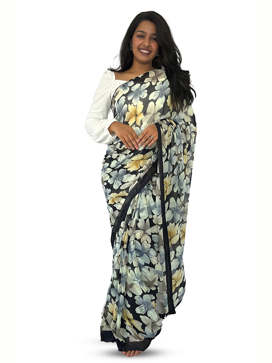

SANJANA SILK Floral Saree, Black