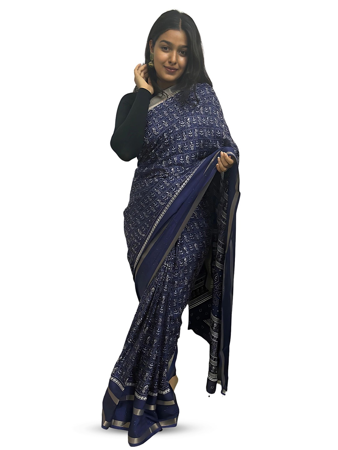 

SANJANA SILK Warli Zari Chanderi Saree, Navy blue