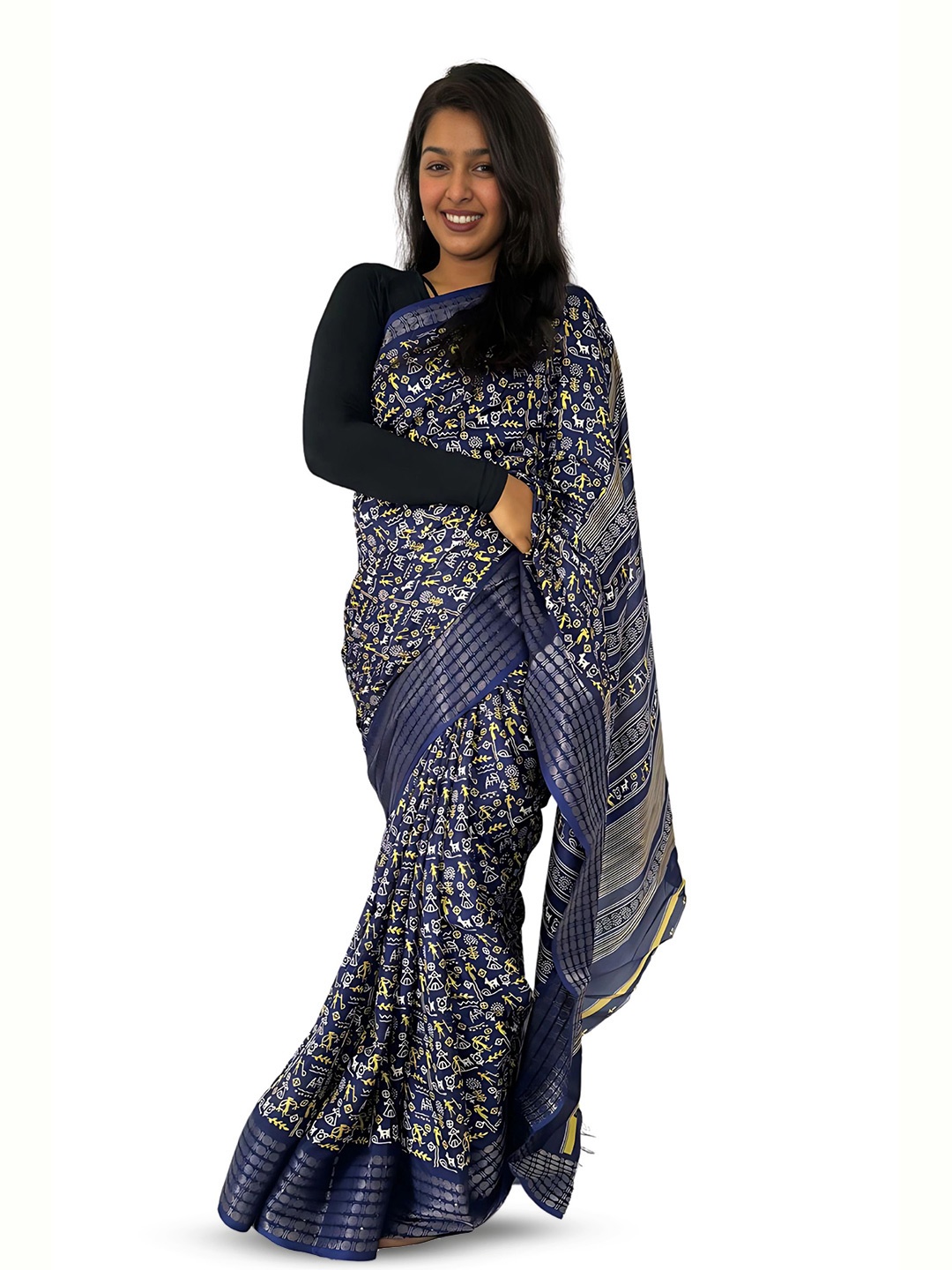 

SANJANA SILK Warli Zari Chanderi Saree, Navy blue